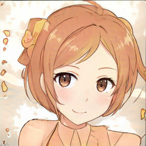 Linda chica de anime con cabello y ojos marrones, vistiendo un vestido color melocotón.