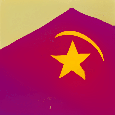 Bandera con fondo morado y amarillo, presenta una estrella amarilla y una curva, simbolizando ideologías políticas.