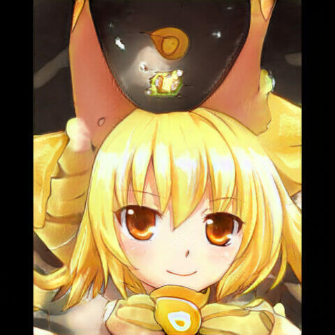 Linda chica de anime con cabello amarillo y ojos marrones, usando un lazo amarillo.