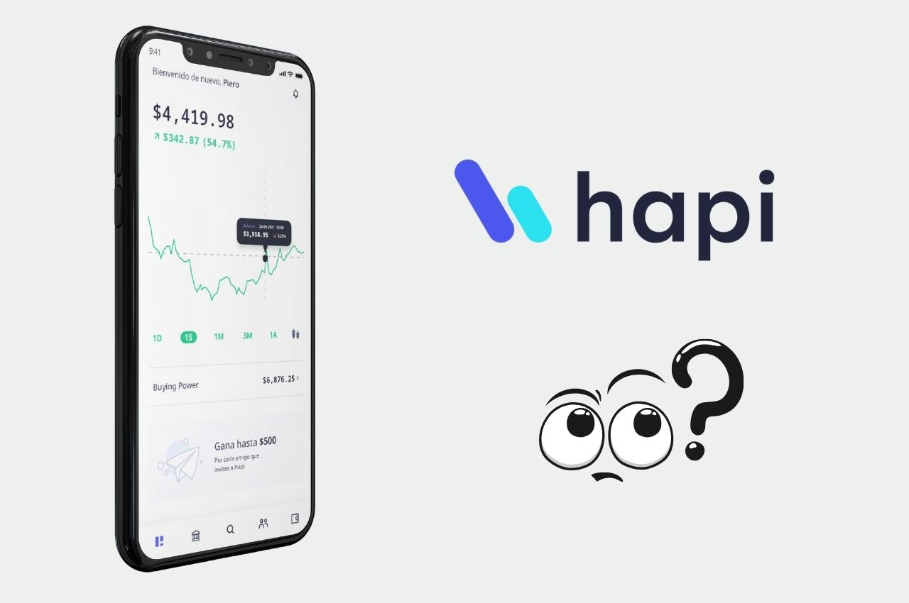 Smartphone con la app de inversión Hapi, que muestra un valor de cartera de $4,419.98 y un gráfico de acciones. Invierte fácilmente con Hapi.