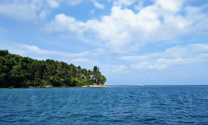 Exuberante costa de isla tropical con océano turquesa bajo un cielo azul.